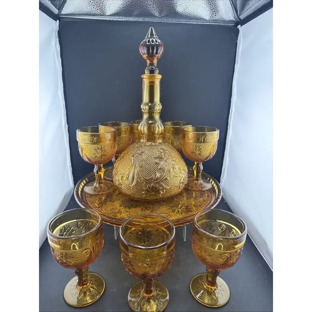 Indiana Glass Amber Tiara Decanter Set w/8 Glasses, Tray, Sandwich Pattern 11 pc